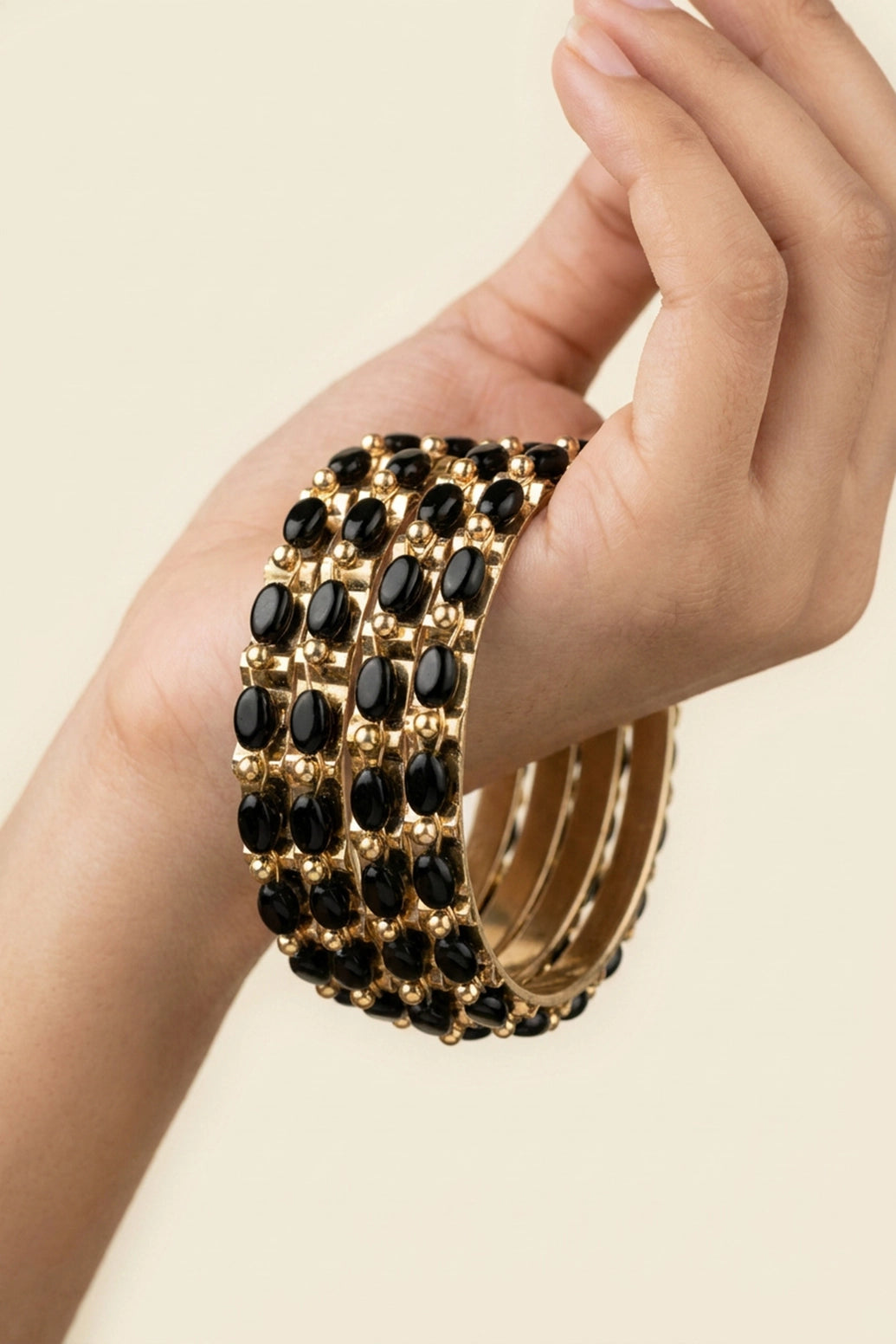 Traditional Gold-Plated Beaded Bangles Set with Stone Work for Festive Wear (Orange/Peach/Black) - Black