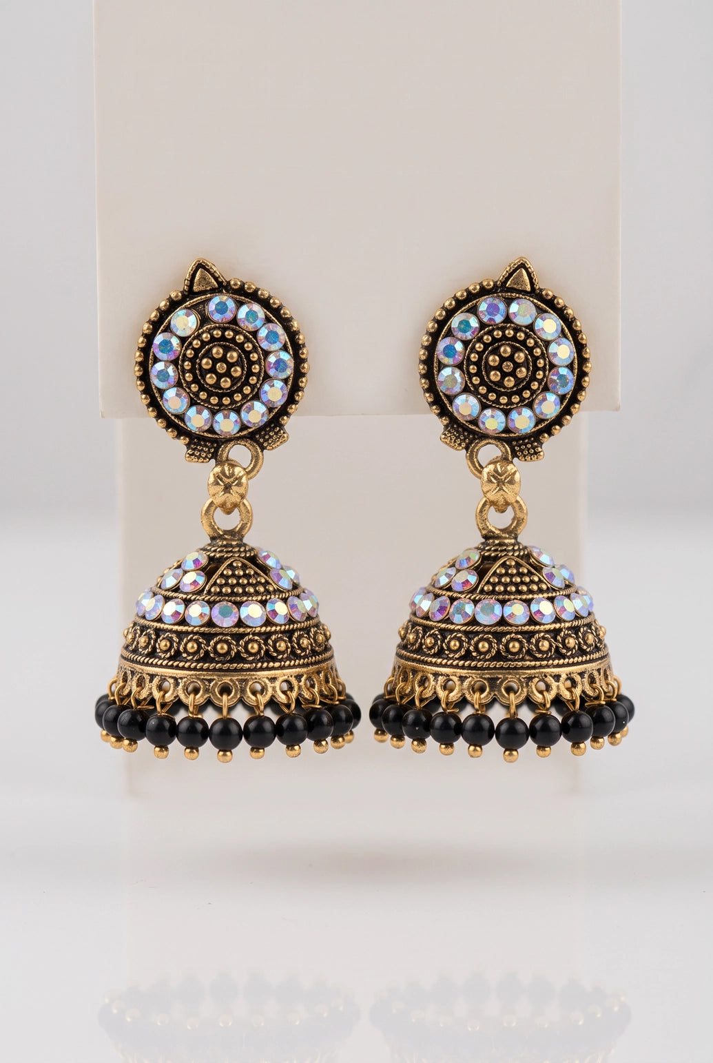 Traditional Jhumka Earrings with White Stone Work and Beaded Gold-Tone Drops for Festive Wear - Black