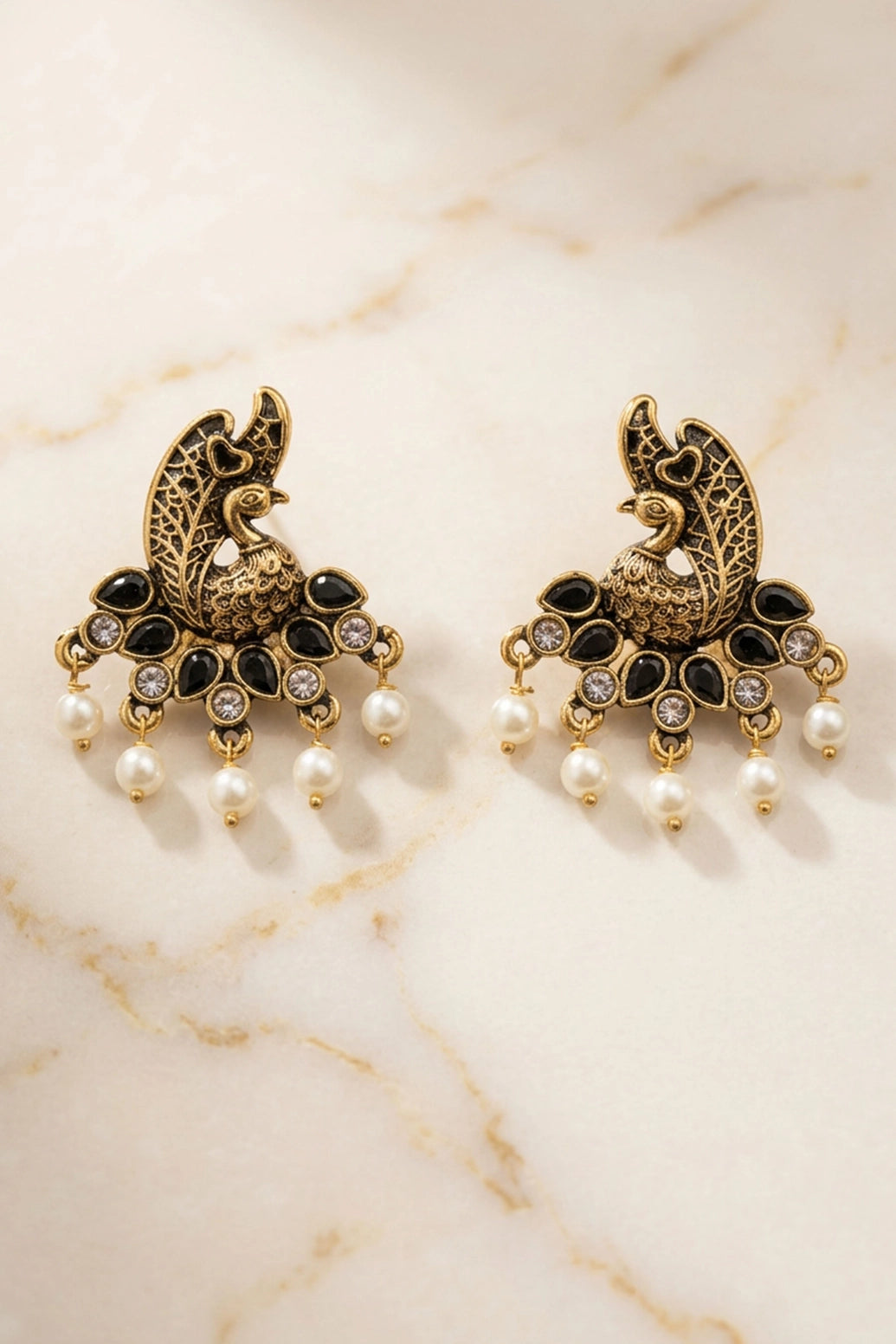 Peacock Motif Traditional Statement Earrings with Teardrop Stones and Pearl Drops - Black