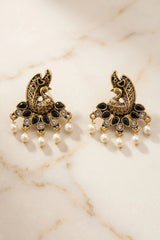 Peacock Motif Traditional Statement Earrings with Teardrop Stones and Pearl Drops - Black
