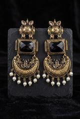 Traditional Antique Gold-Tone Statement Earrings with Pearl Drops and Coloured Stones - Black