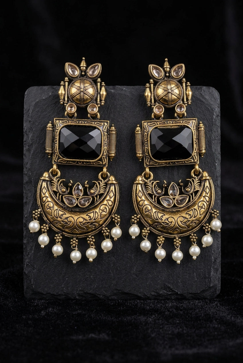Traditional Antique Gold-Tone Statement Earrings with Pearl Drops and Coloured Stones - Black