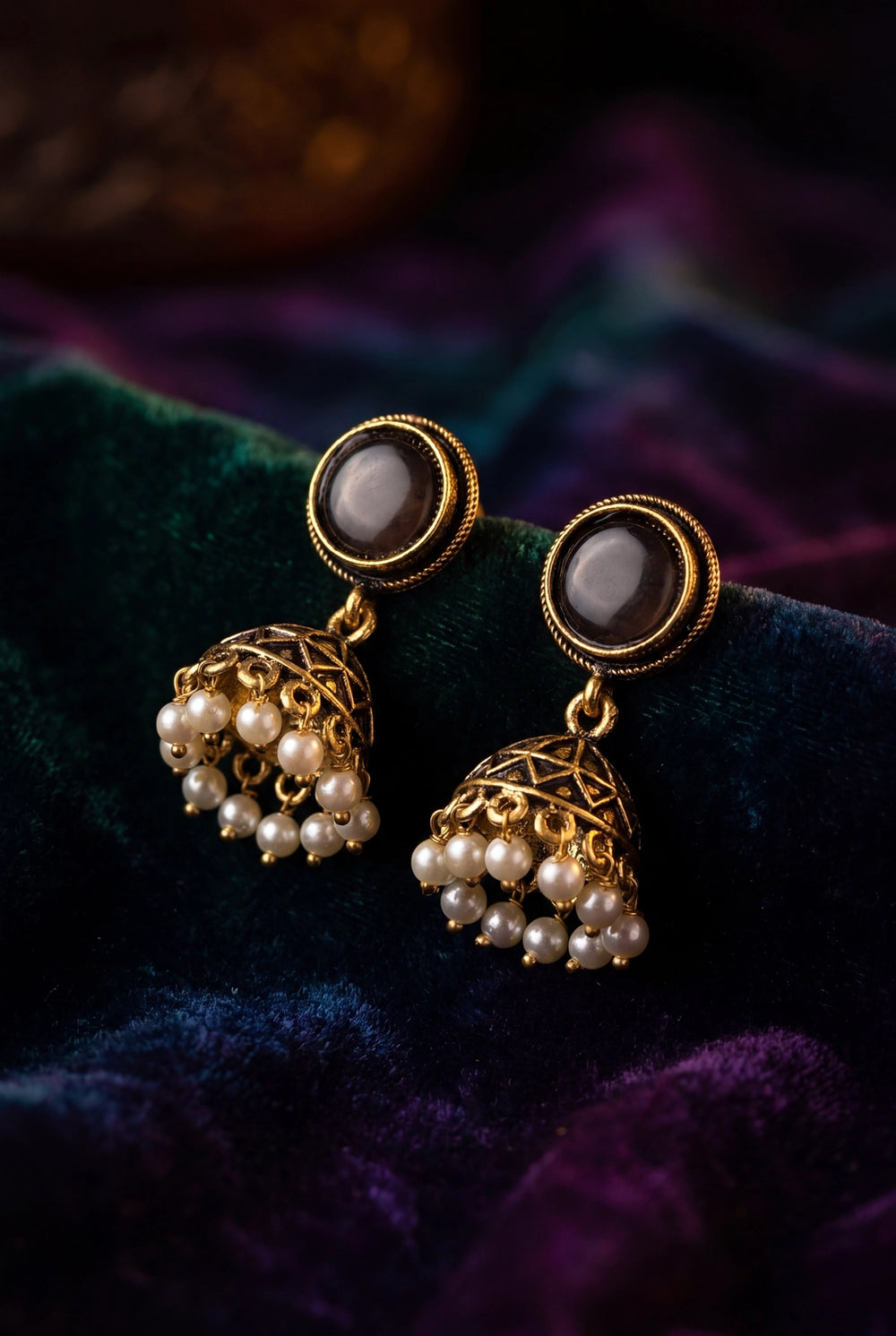Antique Gold-Tone Jhumka Earrings with White Pearl Drops & Round Stone Stud in Royal/Sea/Pastel Green/Black - Black