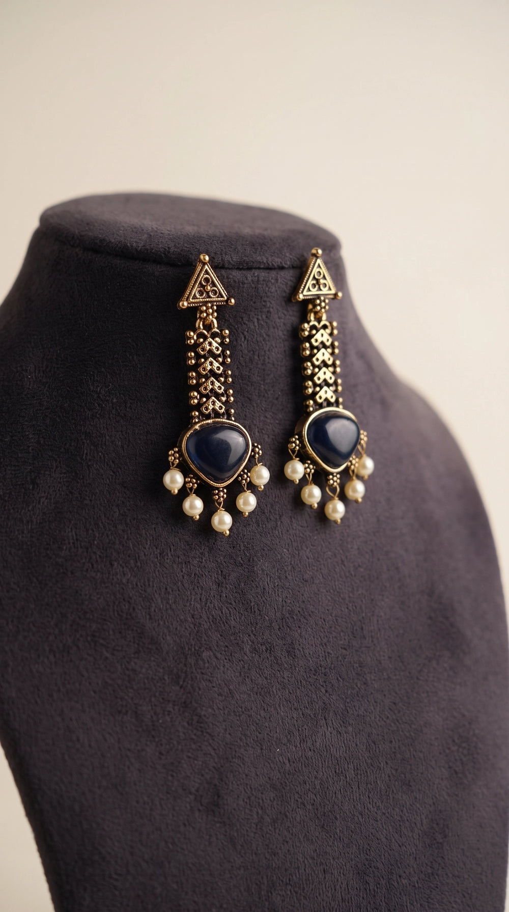 Gold-tone Traditional Drop Earrings with Teardrop Stone & Pearl Bead Tassels (Sea Blue/Mint/Black) - Black