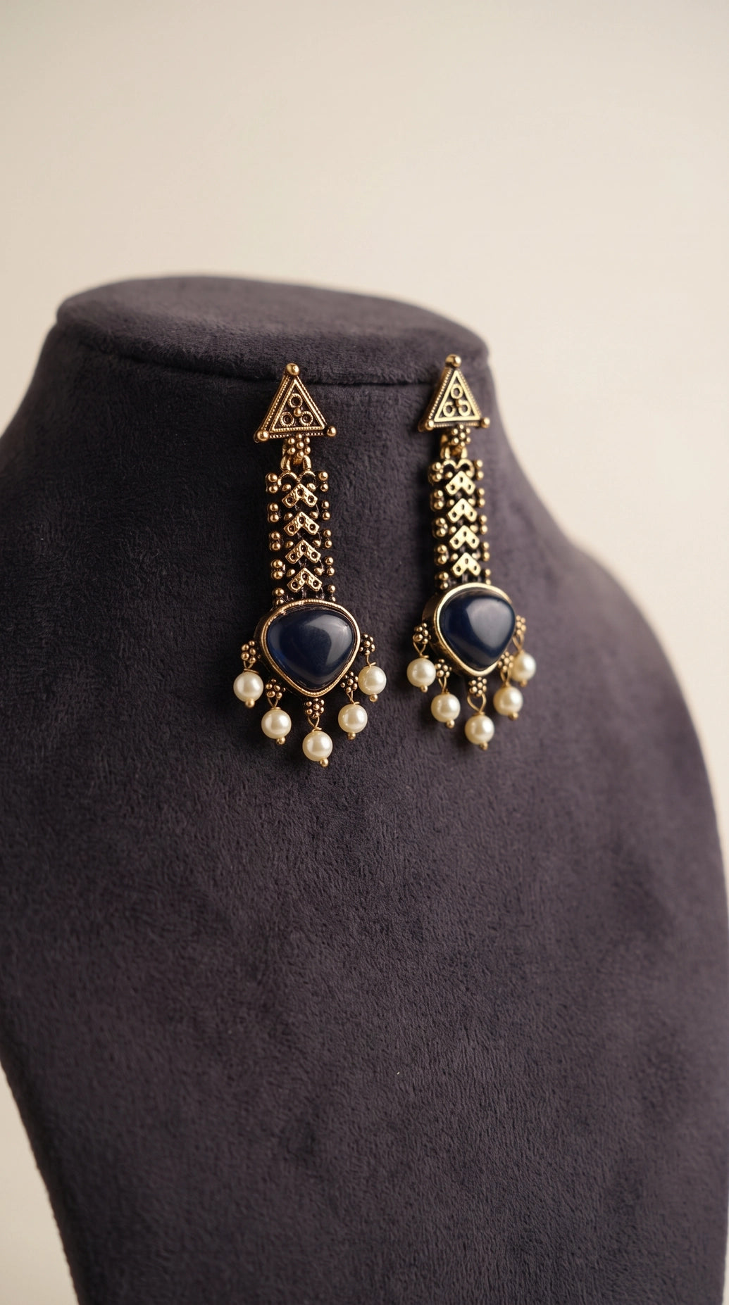 Gold-tone Traditional Drop Earrings with Teardrop Stone & Pearl Bead Tassels (Sea Blue/Mint/Black) - Black