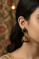 Oxidized Gold-Look Jhumka Earrings with Square Stone & Beads