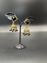 Oxidized Gold-Look Jhumka Earrings with Square Stone & Beads Jewelry JCS Fashions Black 1.50 inch