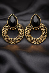 Antique Gold-Tone Teardrop Statement Earrings with Teardrop Stone and Floral Hoop Design - Black