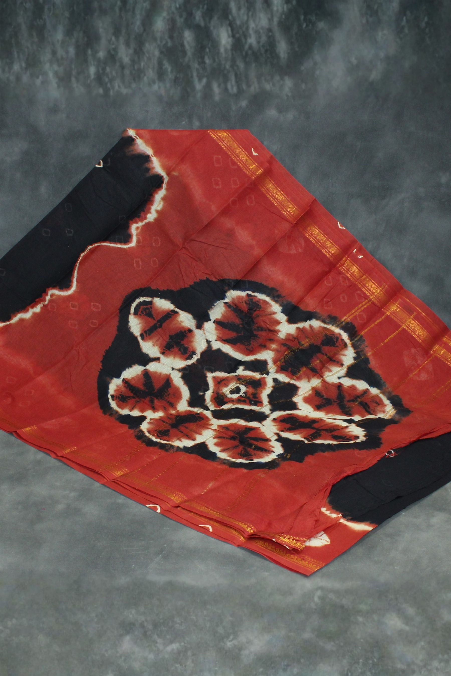 Sungudi Cotton Bandhani Saree with Golden Zari Border - Black & Brown Saree JCS Fashions