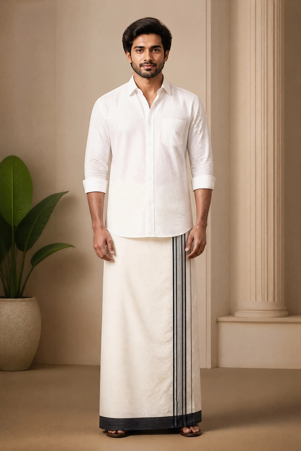 Men’s Traditional Off-White Cotton Dhoti with 1.5 Inch Thread Border for Wedding, Temple & Festival Wear - Black & White (Stripe)