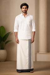 Men’s Traditional Off-White Cotton Dhoti with 1.5 Inch Thread Border for Wedding, Temple & Festival Wear - Black & White (Stripe)
