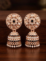 Traditional Jhumka Earrings Gold-Tone Floral Stud with Multicolor Stones and White Bead Drops (Black/Lavender/Peach) - Black