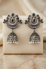 Oxidized Silver Traditional Jhumka Earrings with Crescent Top, Teardrop Stones & Pearl Tassels - Black