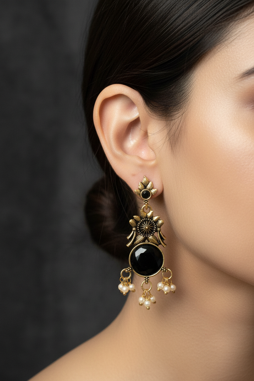 Gold-Tone Floral Chandbali Earrings with Round Stone & Pearl Drops