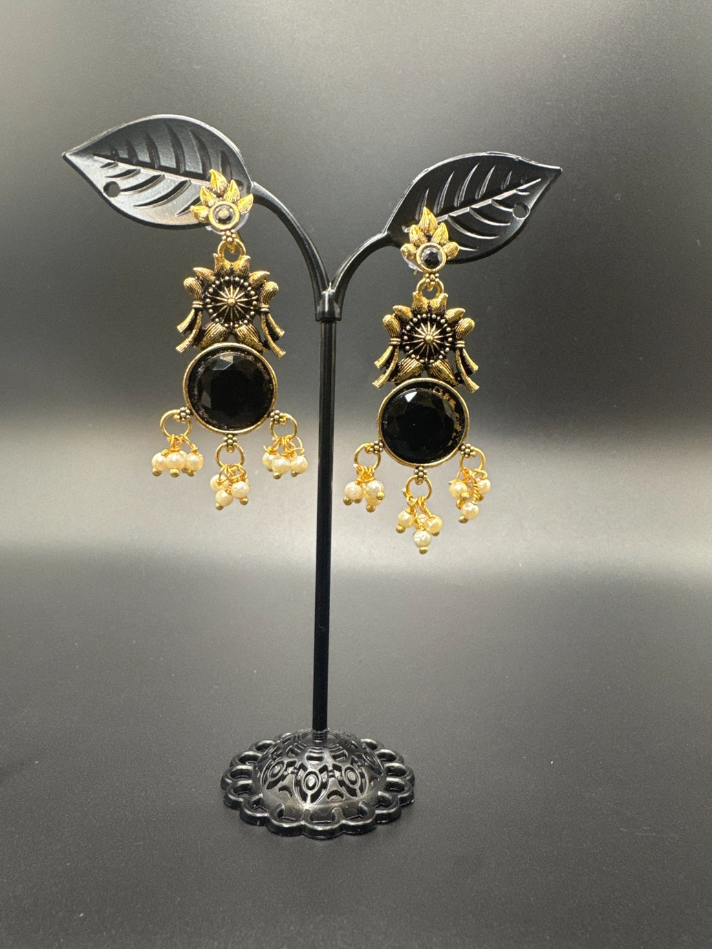 Gold-Tone Floral Chandbali Earrings with Round Stone & Pearl Drops