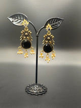 Gold-Tone Floral Chandbali Earrings with Round Stone & Pearl Drops Jewelry JCS Fashions Black 2 inch