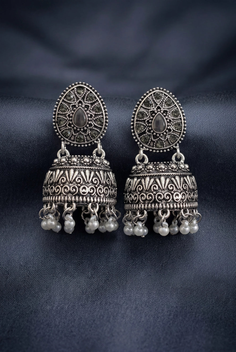 Oxidized Silver Tone Jhumka Earrings with Oval Stud Top & Filigree Teardrop Motif for Women - Black