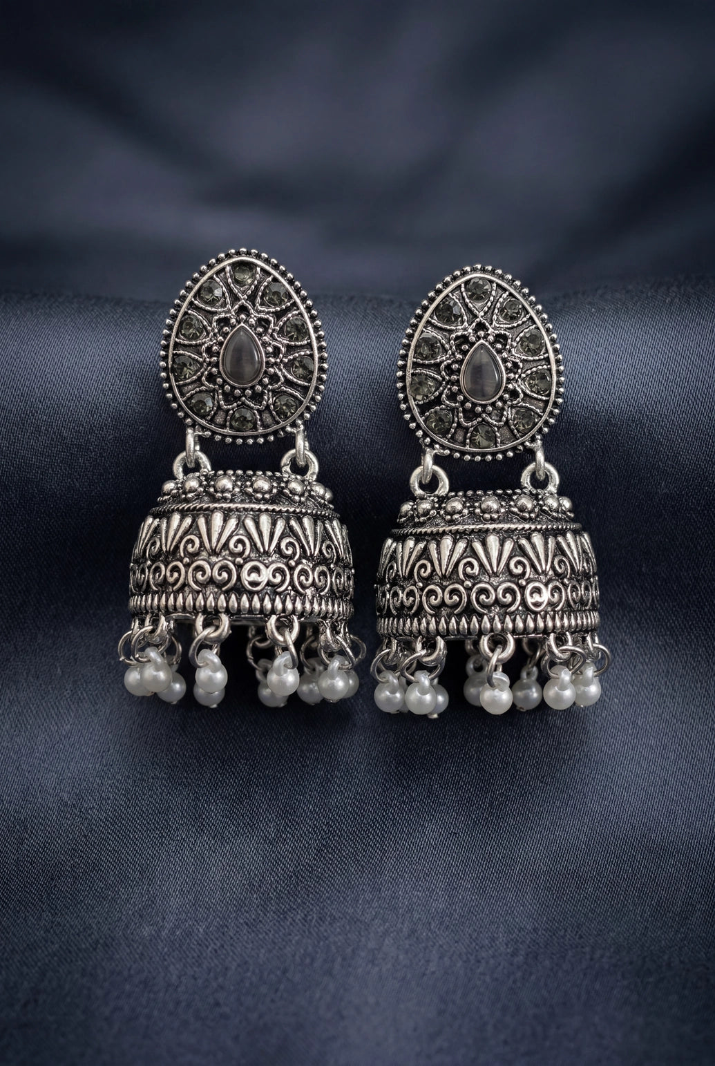 Oxidized Silver Tone Jhumka Earrings with Oval Stud Top & Filigree Teardrop Motif for Women - Black