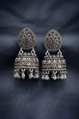 Oxidized Silver Tone Jhumka Earrings with Oval Stud Top & Filigree Teardrop Motif for Women - Black