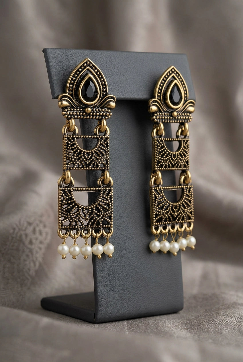Sona Novelty Antique Gold-Tone Traditional Drop Earrings with Pearl Bead Drops, Rectangular Pattern Panels - Black
