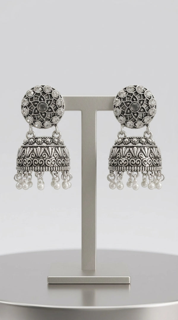 Oxidized Silver-Tone Jhumka Earrings with Studded Stones and Pearl Drops - Black