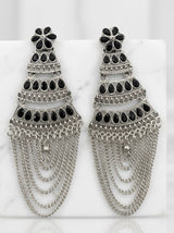 Oxidized Silver Layered Jhumka Earrings with Flower Stud and Stone Work Chain Tassels (Multiple Colours) - Black