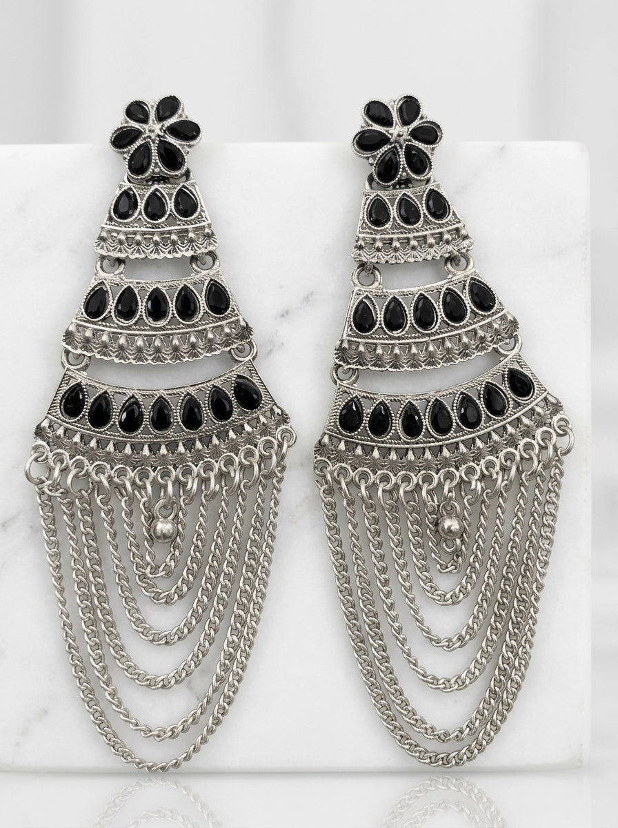 Oxidized Silver Layered Jhumka Earrings with Flower Stud and Stone Work Chain Tassels (Multiple Colours) - Black