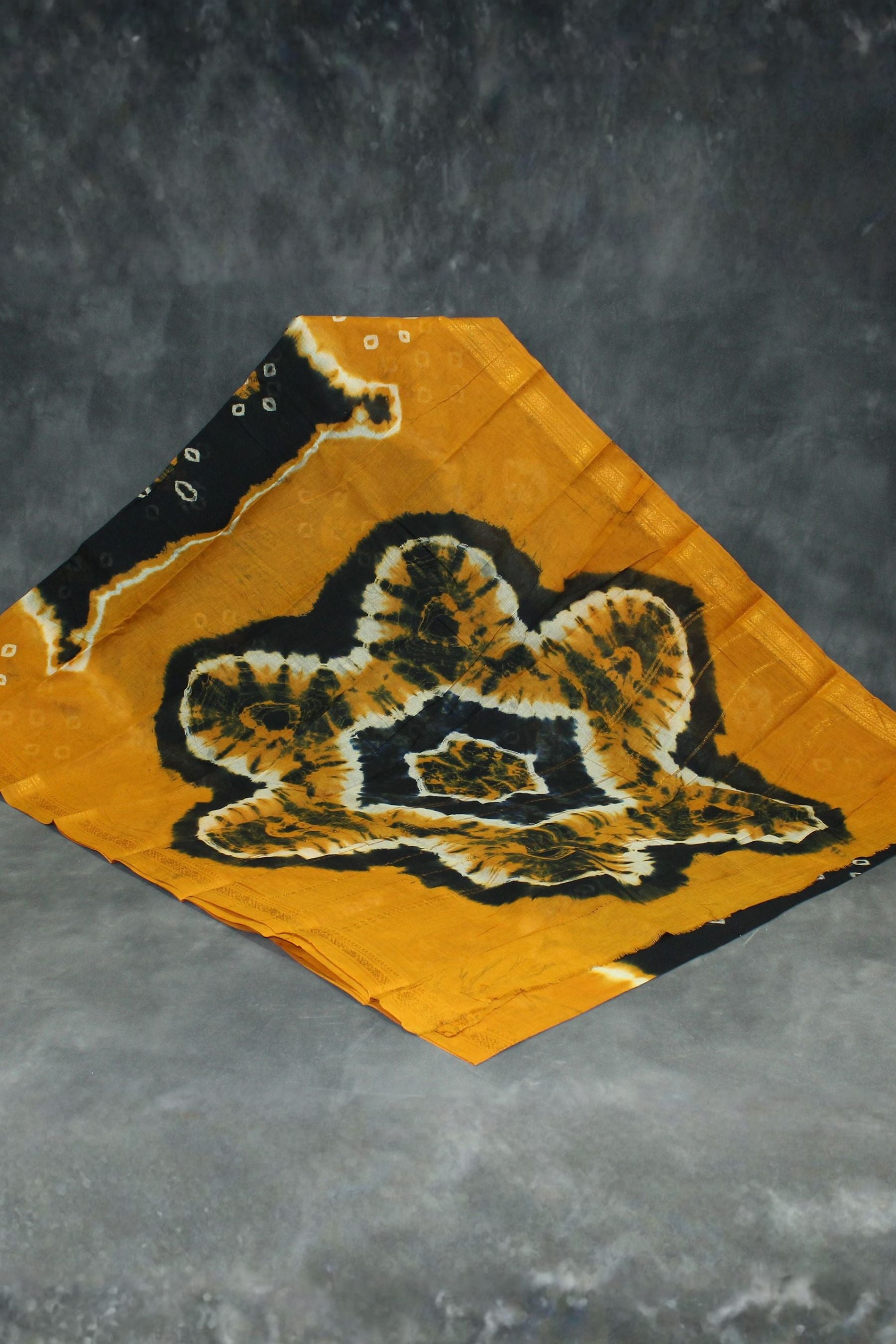 Black & Mustard Sungudi Cotton Bandhani Saree with Golden Zari Border Saree JCS Fashions