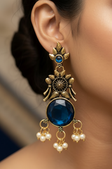 Gold-Tone Floral Chandbali Earrings with Round Stone & Pearl Drops