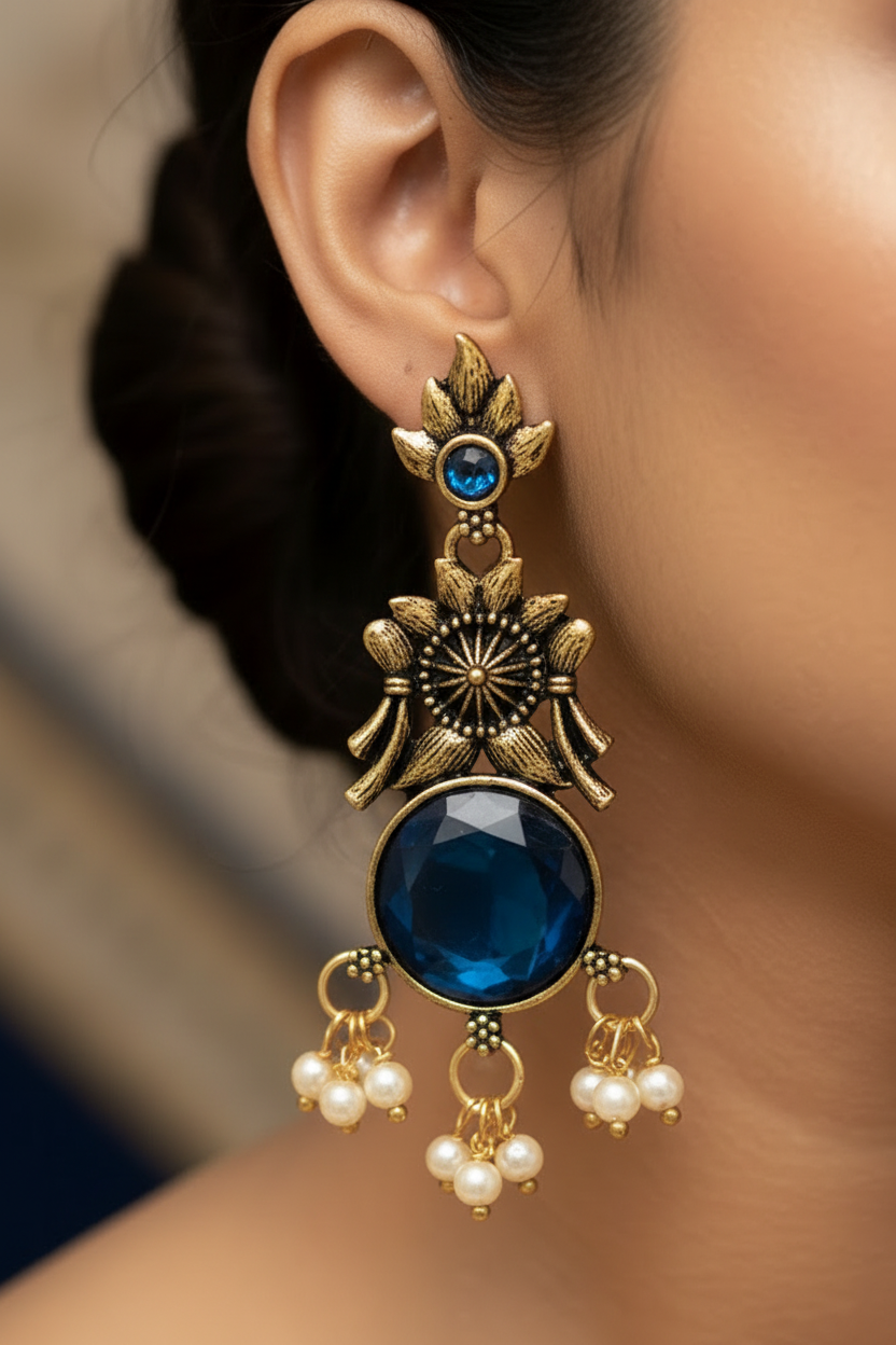 Gold-Tone Floral Chandbali Earrings with Round Stone & Pearl Drops