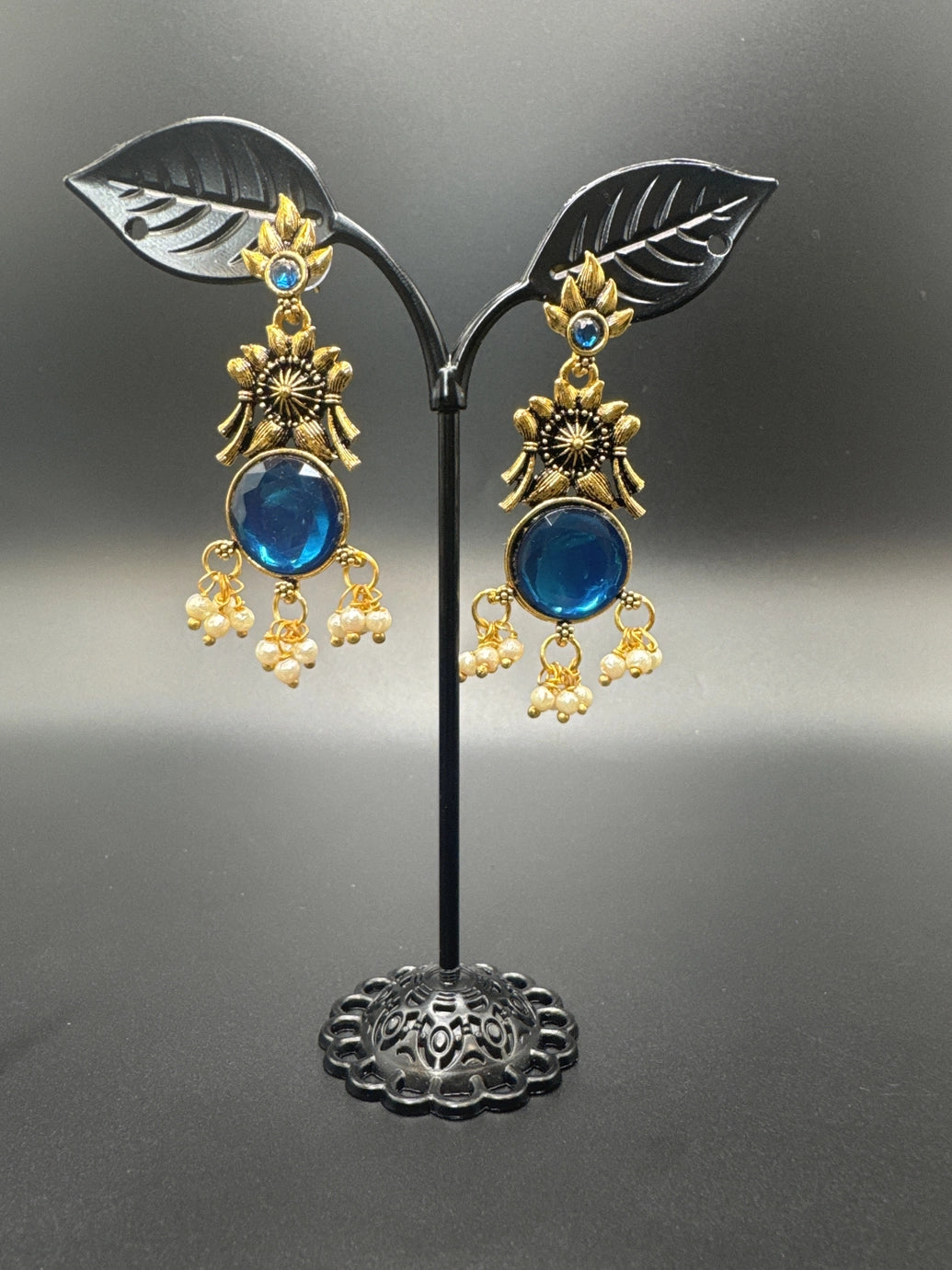 Gold-Tone Floral Chandbali Earrings with Round Stone & Pearl Drops