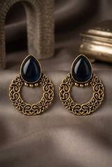 Antique Gold-Tone Teardrop Statement Earrings with Teardrop Stone and Floral Hoop Design - Blue