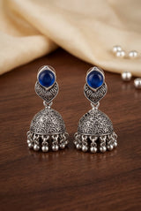 Oxidized Silver-Tone Jhumka Earrings with Round Stone & Leaf Connector, Gungroo Tassels - Blue