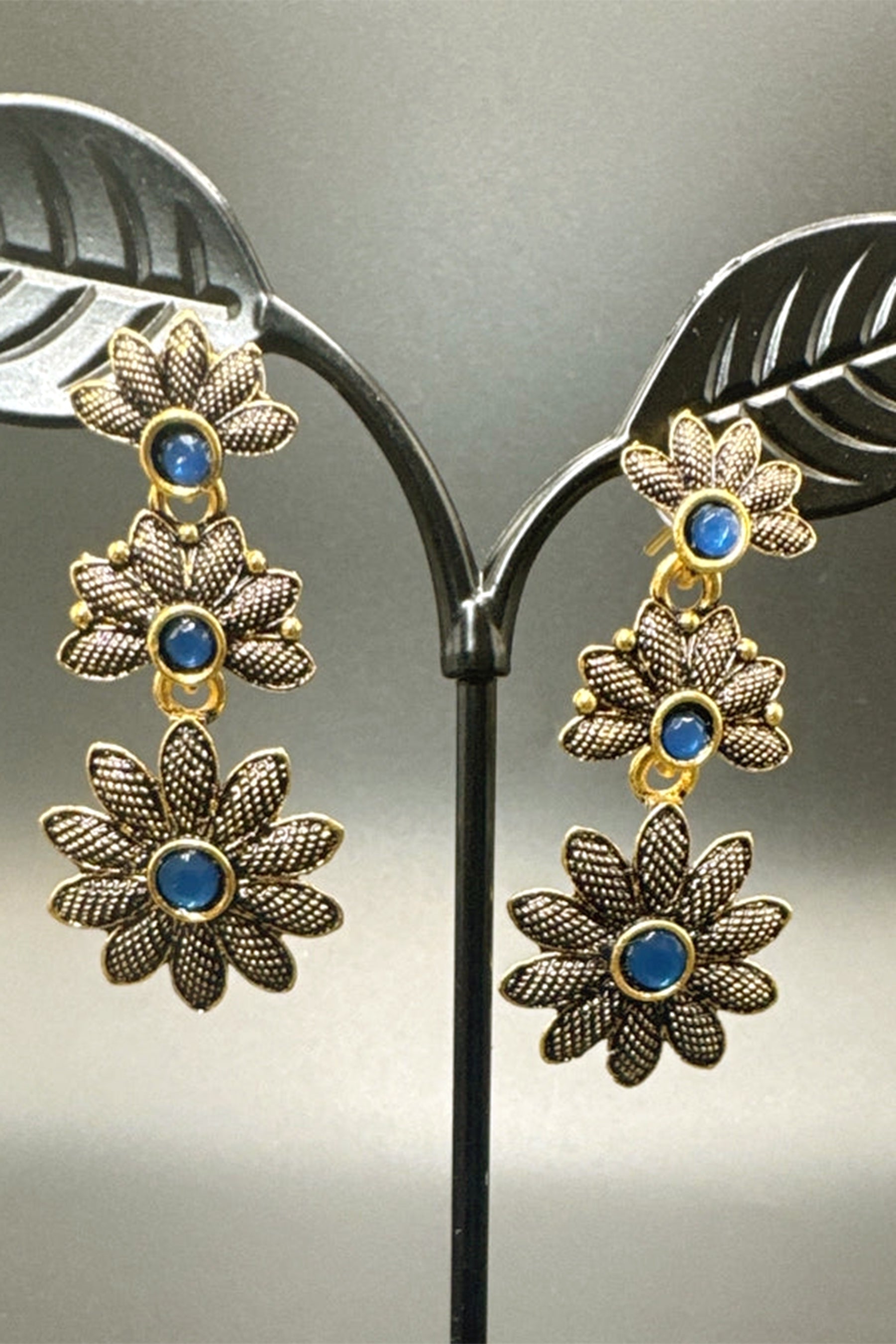 Antique Gold-Tone Floral Drop Earrings with Multi-Colored Stones