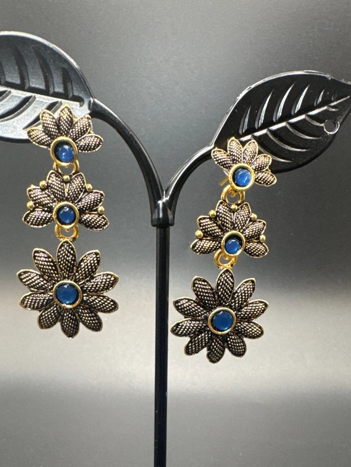 Antique Gold-Tone Floral Drop Earrings with Multi-Colored Stones
