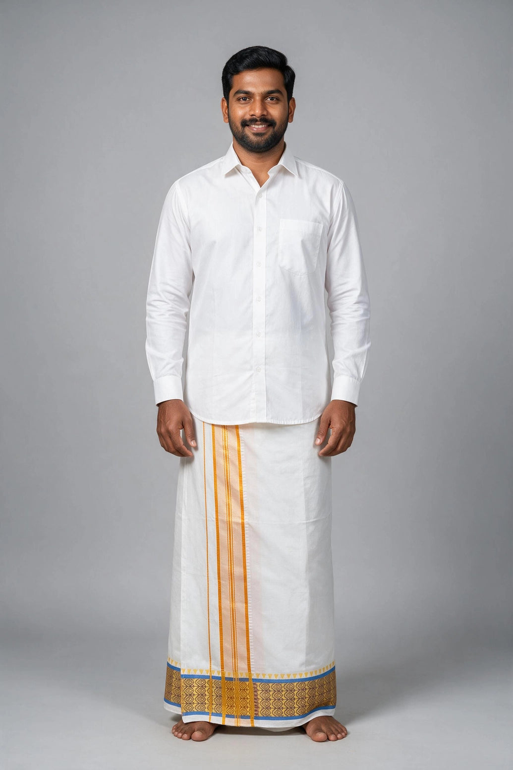 Men White Cotton Dhoti with 2-inch Gold Thread Work Border, 2 Metre Single Veshti - Blue