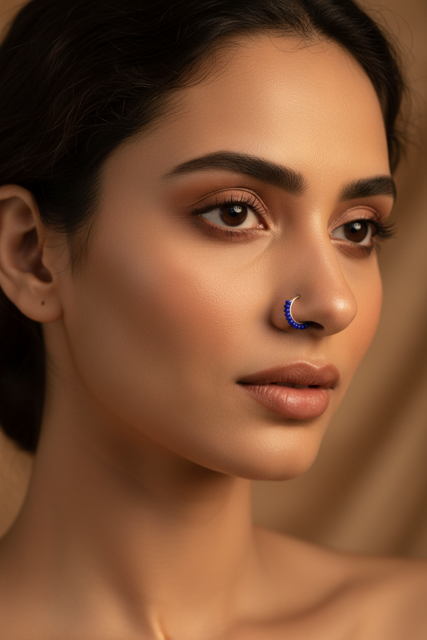 Red Gold-Tone Beaded Clip-On Nath Nose Ring - Half