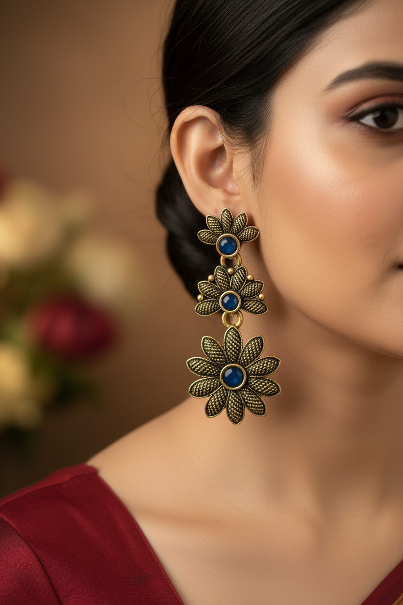 Antique Gold-Tone Floral Drop Earrings with Multi-Colored Stones