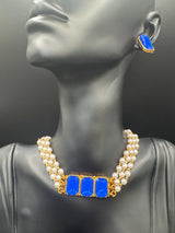 Gold-Tone Pearl Choker Necklace Set with Imitation Stones and Matching Stud Earrings Jewelry JCS Fashions Blue 7 inch