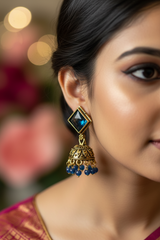 Oxidized Gold-Look Jhumka Earrings with Square Stone & Beads