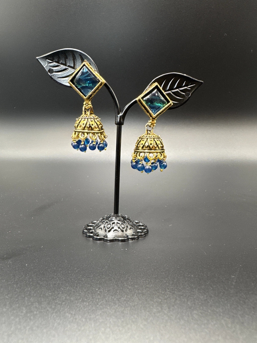 Oxidized Gold-Look Jhumka Earrings with Square Stone & Beads Jewelry JCS Fashions Blue 1.50 inch
