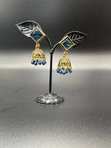 Oxidized Gold-Look Jhumka Earrings with Square Stone & Beads Jewelry JCS Fashions Blue 1.50 inch