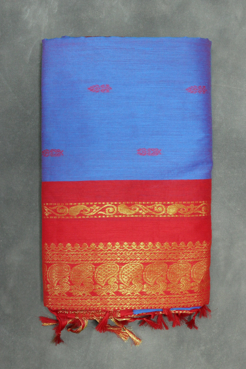 Kalyani Blue Cotton Saree with Red Zari Border & Putta Motifs, Blouse Included Saree JCS Fashions Blue 5.5 meters
