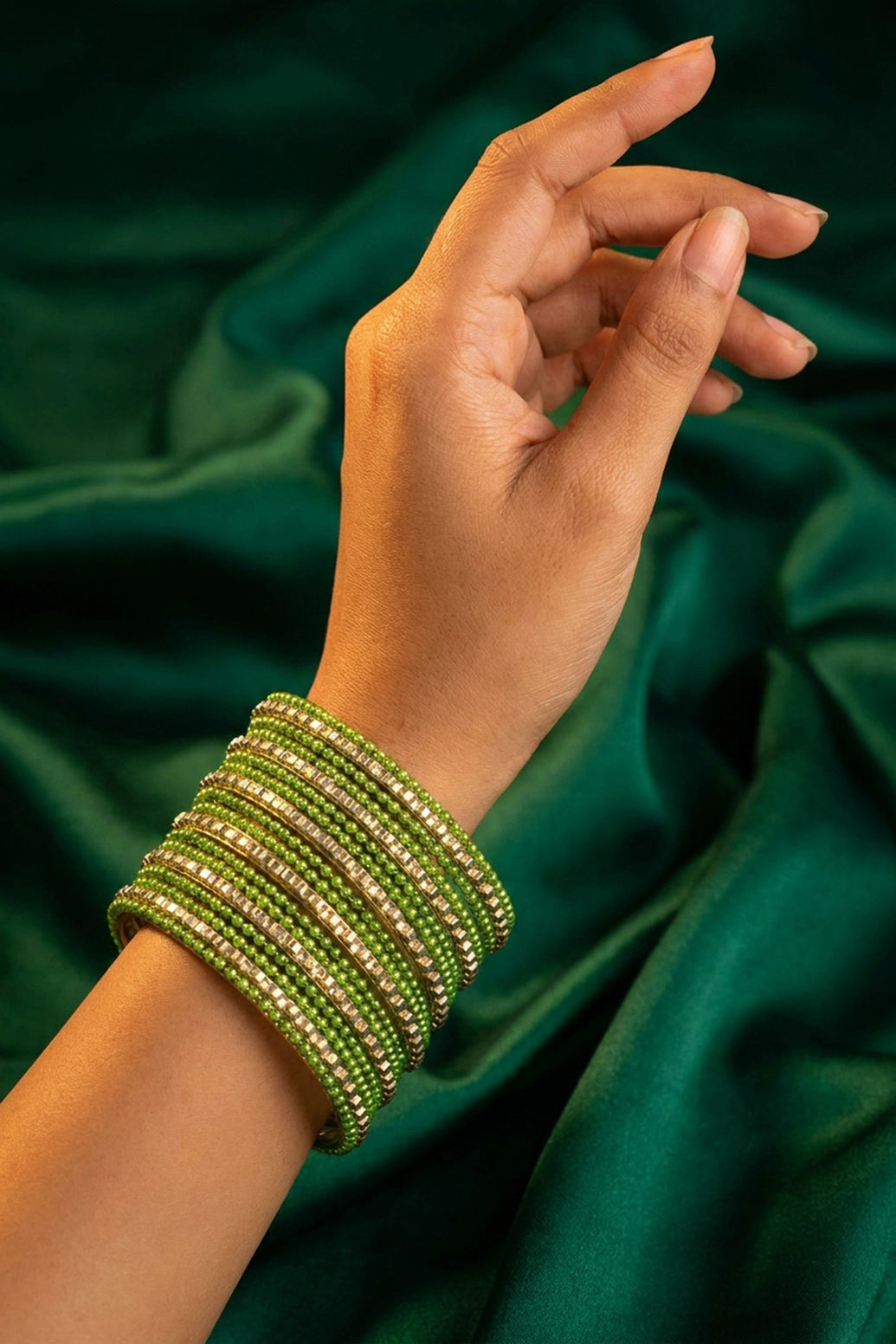 Stone Studded Metallic Bangle Set with Sparkling Rows (Purple/Light Orange/Bright Green) - Bright Green