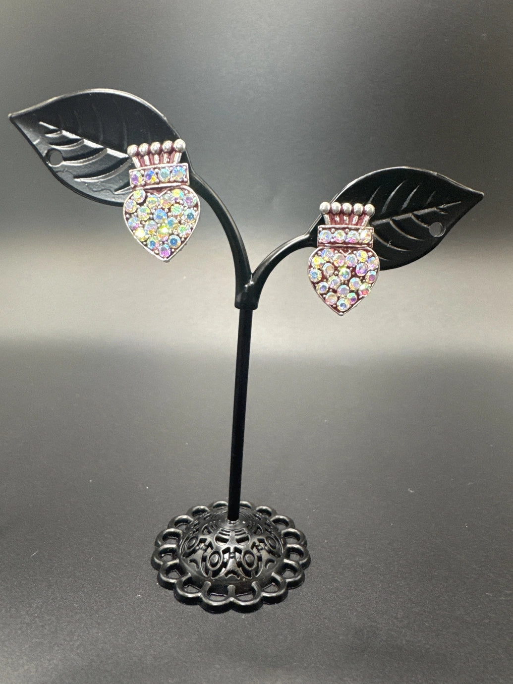 Crown Heart Rhinestone Stud Earrings – Pink, Blue & Brown, 0.75"