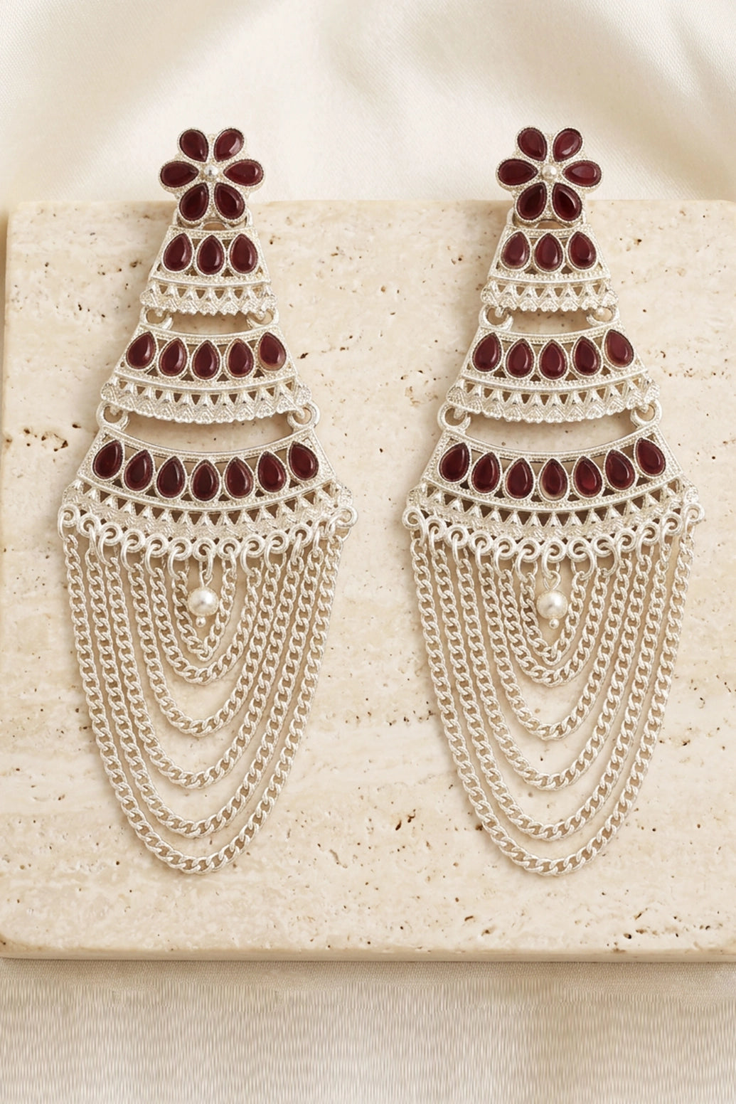 Oxidized Silver Layered Jhumka Earrings with Flower Stud and Stone Work Chain Tassels (Multiple Colours) - Brown