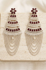 Oxidized Silver Layered Jhumka Earrings with Flower Stud and Stone Work Chain Tassels (Multiple Colours) - Brown