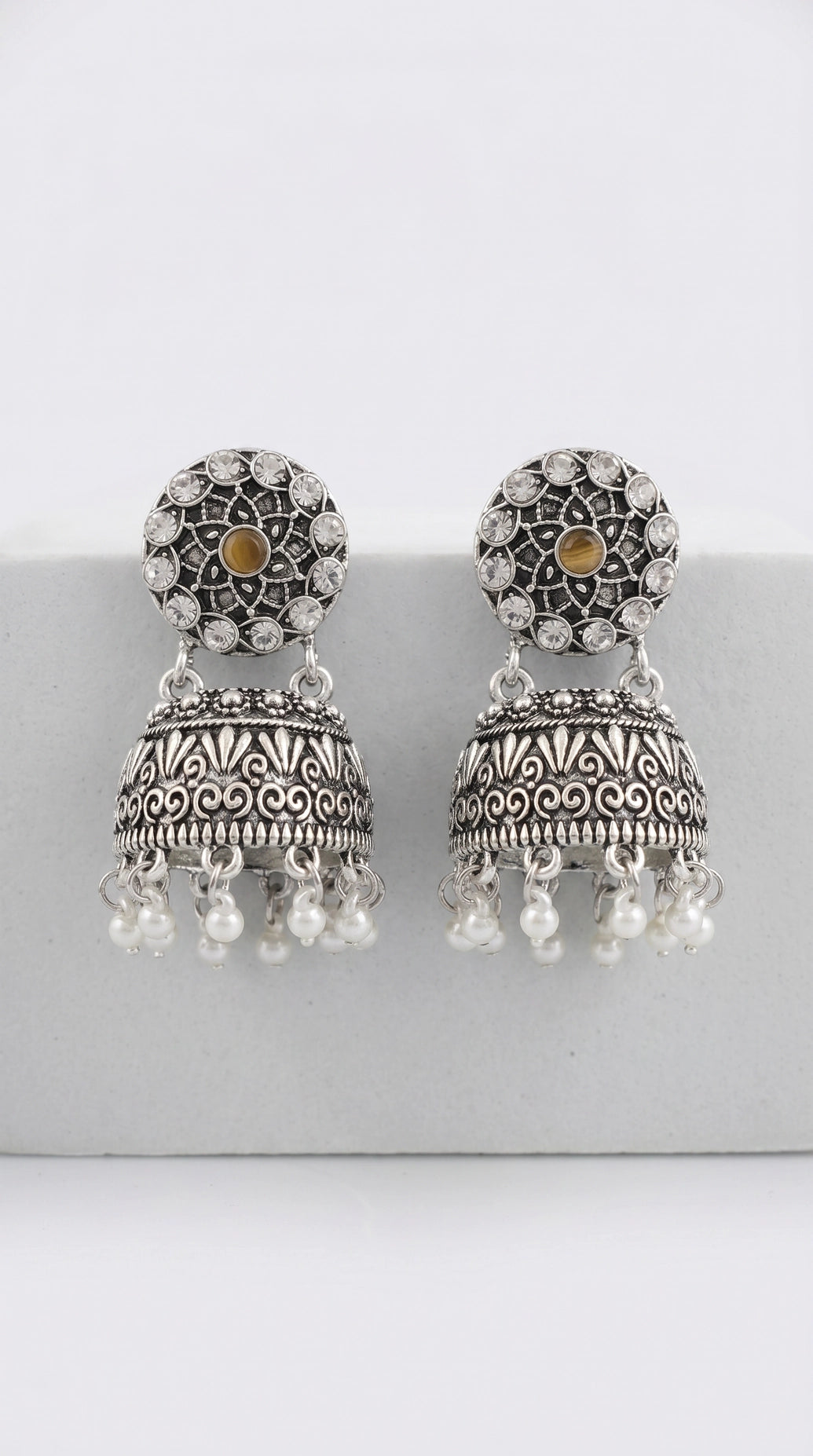 Oxidized Silver-Tone Jhumka Earrings with Studded Stones and Pearl Drops - Brown