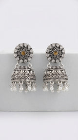 Oxidized Silver-Tone Jhumka Earrings with Studded Stones and Pearl Drops - Brown