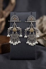 Oxidized Silver Oxidation Half-Moon Stud Dangler Earrings with Pearl Beads & Ethnic Carving for Festive Wear - Brown